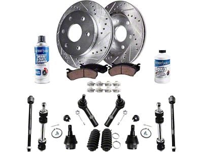 Drilled and Slotted 6-Lug Brake Rotor, Pad, Tie Rod, Sway Bar Link, Brake Fluid and Cleaner Kit; Front (07-13 Sierra 1500)