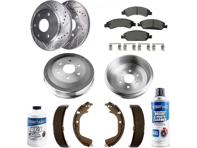 Drilled and Slotted 6-Lug Brake Rotor, Pad, Brake Fluid and Cleaner Kit; Front and Rear (09-13 Sierra 1500 w/ Rear Drum Brakes)