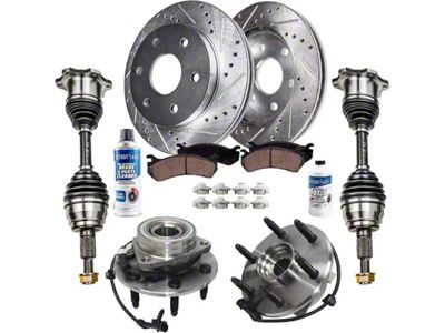 Drilled and Slotted 6-Lug Brake Rotor, Pad, Hub Assembly, CV Axles, Brake Fluid and Cleaner Kit; Front (99-06 4WD Sierra 1500 w/ Rear Disc Brakes)