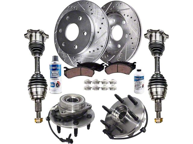 Drilled and Slotted 6-Lug Brake Rotor, Pad, Hub Assembly, CV Axles, Brake Fluid and Cleaner Kit; Front (05-06 4WD Sierra 1500 w/ Rear Drum Brakes)