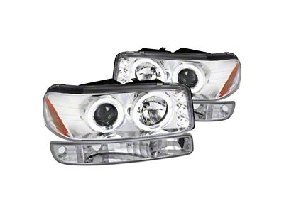 Dual Halo Projector Headlights with Bumper Lights; Chrome Housing; Clear Lens (99-06 Sierra 1500, Excluding Denali)