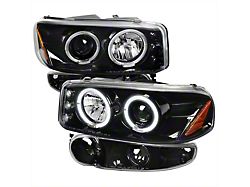Dual Halo Projector Headlights with Bumper Lights; Jet Black Housing; Clear Lens (02-06 Sierra 1500 Denali)