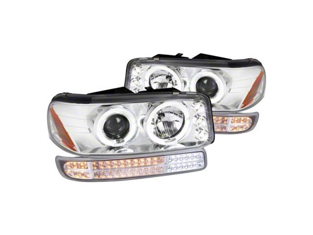 Dual Halo Projector Headlights with LED Sequential Turn Signals Bumper Lights; Chrome Housing; Clear Lens (99-06 Sierra 1500, Excluding Denali)
