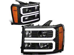 Dual U-Bar LED DRL Headlights with Amber Corners; Black Housing; Clear Lens (07-13 Sierra 1500)