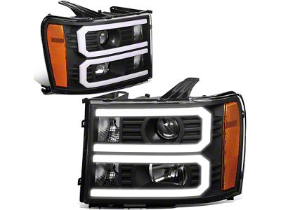 Dual U-Bar LED DRL Headlights with Amber Corners; Black Housing; Clear Lens (07-13 Sierra 1500)