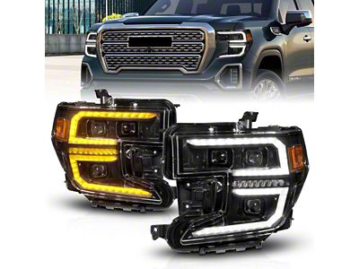 Full LED Projector Plank Headlights with Initiation Feature; Black Housing; Clear Lens (19-21 Sierra 1500; 2022 Sierra 1500 Limited)