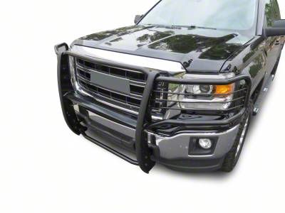 Grille Guard with 5.30-Inch Black Round Flood LED Lights; Black (14-18 Sierra 1500, Excluding Denali)