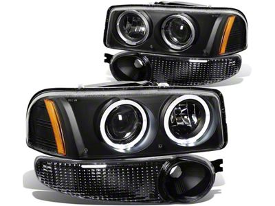 LED Halo Projector Headlights with Bumper Lights; Black Housing; Clear Lens (02-06 Sierra 1500 Denali)