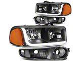 LED DRL Headlights with Amber Corner Nights; Black Housing; Clear Lens (02-06 Sierra 1500 Denali)