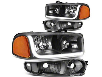 LED DRL Headlights with Amber Corner Nights; Black Housing; Clear Lens (02-06 Sierra 1500 Denali)