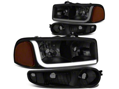 LED DRL Headlights with Amber Corner Nights; Black Housing; Smoked Lens (02-06 Sierra 1500 Denali)