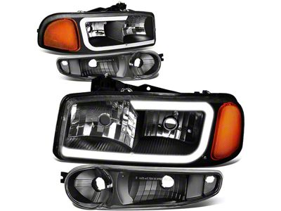 LED DRL Headlights with Amber Corner Nights; Black Housing; Clear Lens (02-06 Sierra 1500 Denali)