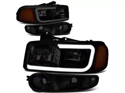LED DRL Headlights with Amber Corner Nights; Black Housing; Smoked Lens (02-06 Sierra 1500 Denali)