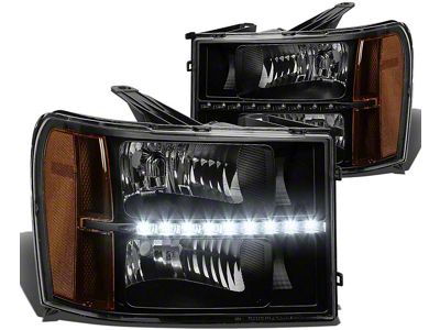 LED DRL Headlights with Amber Corner Lights; Black Housing; Clear Lens (07-13 Sierra 1500)