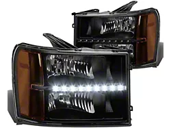 LED DRL Headlights with Amber Corner Lights; Black Housing; Clear Lens (07-13 Sierra 1500)