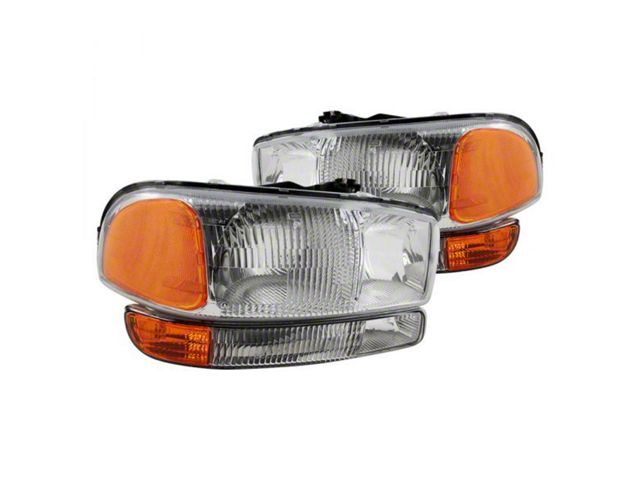 Factory Style Headlights with Bumper Lights; Chrome Housing; Clear Lens (99-06 Sierra 1500)