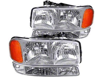 Factory Style Headlights with Bumper Lights; Chrome Housing; Clear Lens (99-06 Sierra 1500)