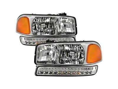 Headlights with LED Bumper Lights; Chrome Housing; Clear Lens (99-06 Sierra 1500, Excluding C3 & Denali)