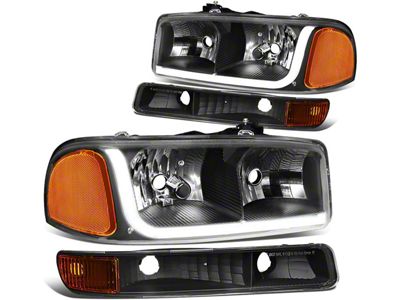 LED DRL Headights with Amber Corners; Black Housing; Clear Lens (99-06 Sierra 1500)