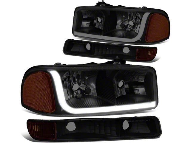 LED DRL Headights with Amber Corners; Black Housing; Smoked Lens (99-06 Sierra 1500)