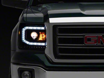 LED DRL Projector Headlights; Black Housing; Clear Lens (14-18 Sierra 1500 w/ Factory Halogen Headlights)