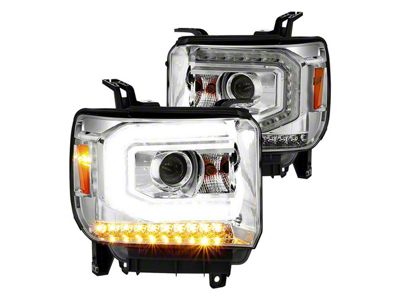 LED DRL Projector Headlights; Chrome Housing; Clear Lens (14-18 Sierra 1500 w/ Factory Halogen Headlights)