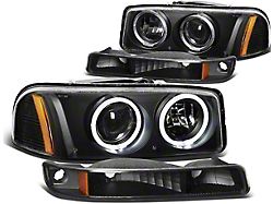 LED Dual Halo Projector Headlights with Amber Corner; Black Housing; Clear Lens (99-06 Sierra 1500, Excluding Denali)