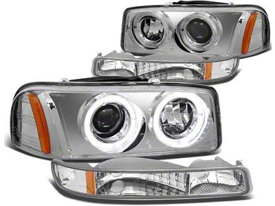 LED Dual Halo Projector Headlights with Amber Corner; Chrome Housing; Clear Lens (99-06 Sierra 1500, Excluding Denali)