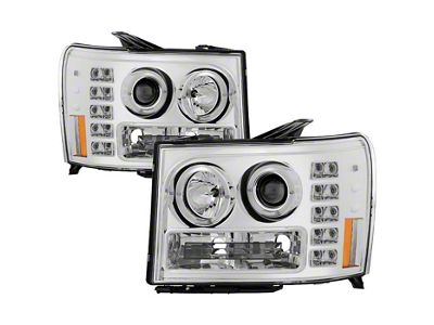LED Halo Projector Headlights; Chrome Housing; Clear Lens (07-13 Sierra 1500)