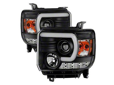 Light Bar DRL Projector Headlights; Black Housing; Clear Lens (14-18 Sierra 1500 w/ Factory Halogen Non-LED DRL Headlights)