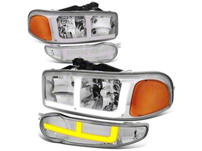 OE Style LED DRL Switchback Headlights with Amber Corners; Chrome Housing; Clear Lens (01-06 Sierra 1500 C3, Denali)