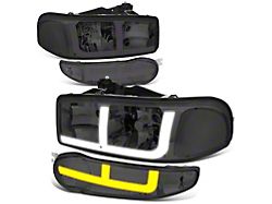 OE Style LED DRL Switchback Headlights with Clear Corners; Chrome Housing; Smoked Lens (01-06 Sierra 1500 C3, Denali)