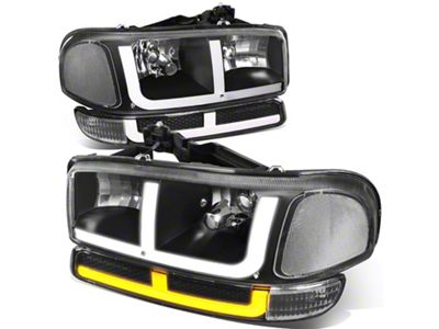 OE Style LED DRL Switchback Headlights with Clear Corners; Black Housing; Clear Lens (99-06 Sierra 1500, Excluding C3 & Denali)