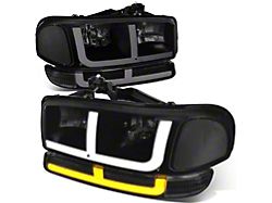 OE Style LED DRL Switchback Headlights with Clear Corners; Black Housing; Smoked Lens (99-06 Sierra 1500, Excluding C3 & Denali)