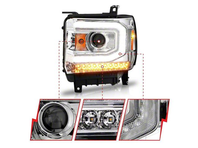 Plank Style Projector Headlights; Chrome Housing; Clear Lens (14-15 Sierra 1500 w/ Factory Halogen Headlights)