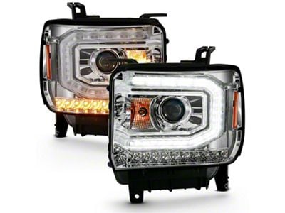 Plank Style Projector Headlights with Sequential Turn Signals; Chrome Housing; Clear Lens (16-18 Sierra 1500 w/ Factory HID Headlights)