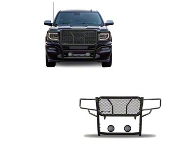 Rugged Heavy Duty Grille Guard with 5.30-Inch Black Round Flood LED Lights; Black (14-18 Sierra 1500, Excluding Denali)