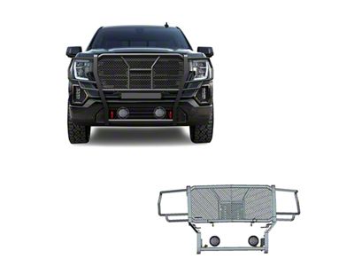 Rugged Heavy Duty Grille Guard with 5.30-Inch Black Round Flood LED Lights; Black (19-21 Sierra 1500, Excluding Denali; 2022 Sierra 1500 Limited, Excluding Denali)