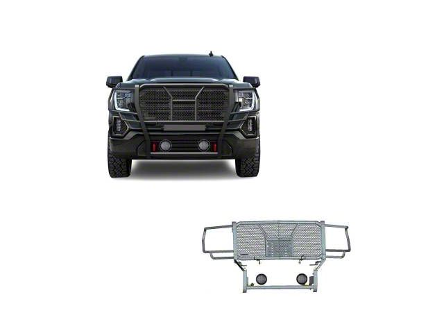 Rugged Heavy Duty Grille Guard with 5.30-Inch Black Round Flood LED Lights; Black (19-21 Sierra 1500, Excluding Denali; 2022 Sierra 1500 Limited, Excluding Denali)