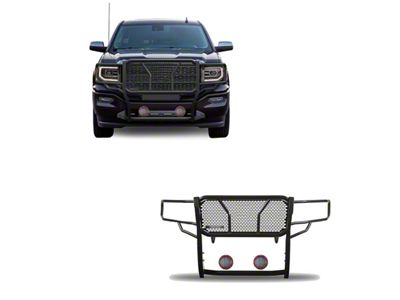 Rugged Heavy Duty Grille Guard with 5.30-Inch Red Round Flood LED Lights; Black (14-18 Sierra 1500, Excluding Denali)