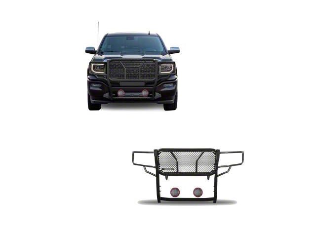 Rugged Heavy Duty Grille Guard with 5.30-Inch Red Round Flood LED Lights; Black (14-18 Sierra 1500, Excluding Denali)