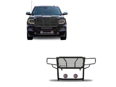 Rugged Heavy Duty Grille Guard with 5.30-Inch Red Round Flood LED Lights; Black (14-18 Sierra 1500, Excluding Denali)
