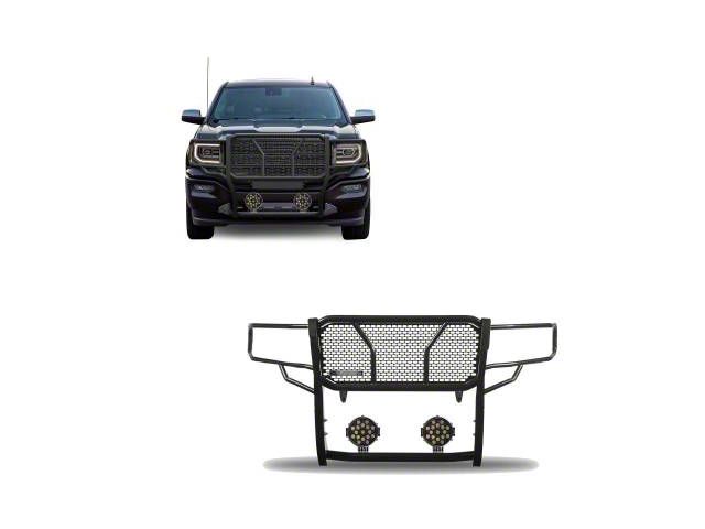 Rugged Heavy Duty Grille Guard with 7-Inch Black Round LED Lights; Black (14-18 Sierra 1500, Excluding Denali)