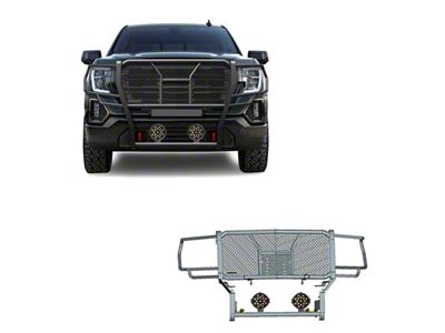 Rugged Heavy Duty Grille Guard with 7-Inch Black Round LED Lights; Black (19-21 Sierra 1500, Excluding Denali; 2022 Sierra 1500 Limited, Excluding Denali)