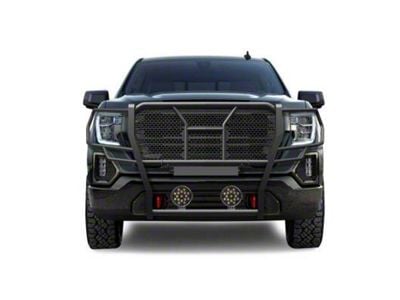 Rugged Heavy Duty Grille Guard with 7-Inch Black Round LED Lights; Black (19-21 Sierra 1500, Excluding Denali; 2022 Sierra 1500 Limited, Excluding Denali)