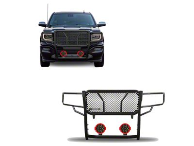 Rugged Heavy Duty Grille Guard with 7-Inch Red Round Flood LED Lights; Black (14-18 Sierra 1500, Excluding Denali)