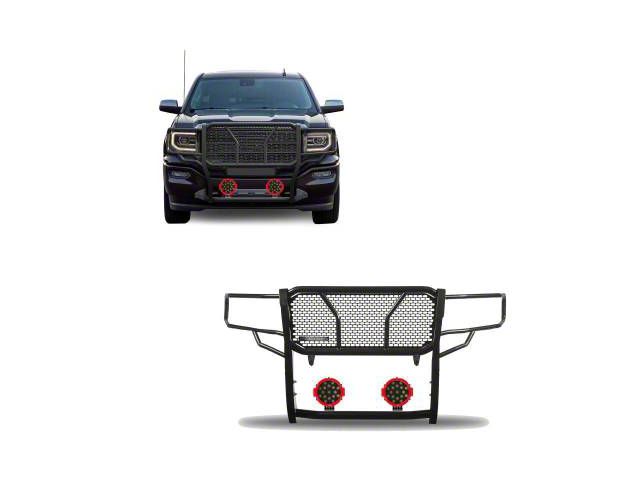 Rugged Heavy Duty Grille Guard with 7-Inch Red Round Flood LED Lights; Black (14-18 Sierra 1500, Excluding Denali)