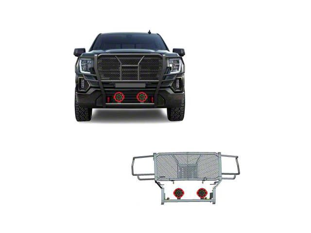 Rugged Heavy Duty Grille Guard with 7-Inch Red Round Flood LED Lights; Black (19-21 Sierra 1500, Excluding Denali; 2022 Sierra 1500 Limited, Excluding Denali)