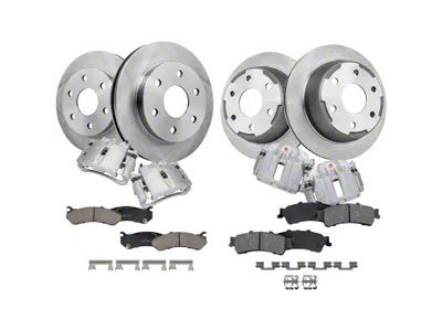 Vented 6-Lug Brake Rotor, Pad and Caliper Kit; Front and Rear (99-02 Sierra 1500 w/ Single Piston Rear Calipers)
