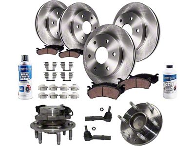 Vented 6-Lug Brake Rotor, Pad, Wheel Hub Assemblies, Brake Fluid, Cleaner and Outer Tie Rod Kit; Front and Rear (08-13 2WD Sierra 1500 w/ Rear Disc Brakes)